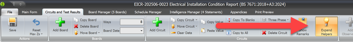 A screenshot showing Circuit Helper Expand Helpers button in Pirform's ribbon