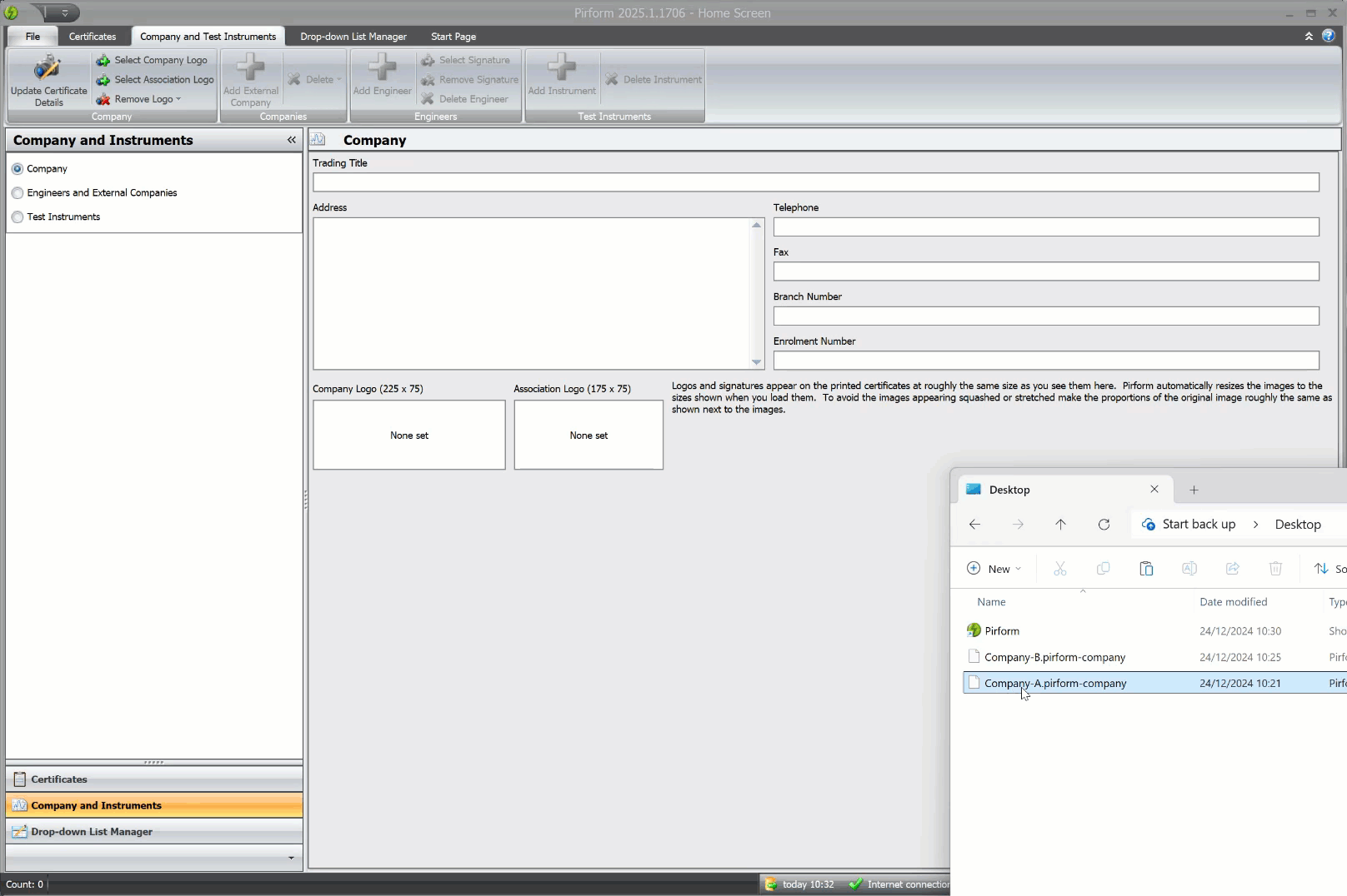 Animation showing dragging company details files into Pirform