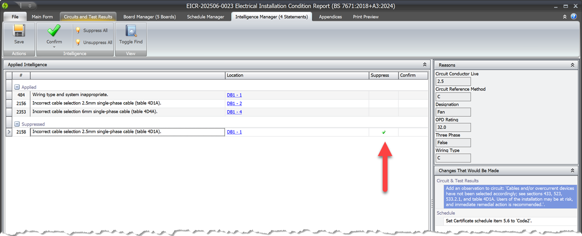 Intelligence Manager showing suppressed statement for section 1 marked as C1