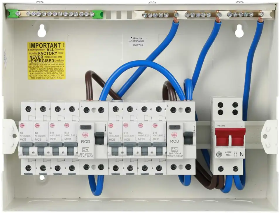 A 10-way distribution board with two RCDs